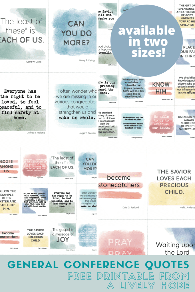 preview of the general conference printable pages.  colorful images featuring quotes from conference speakers